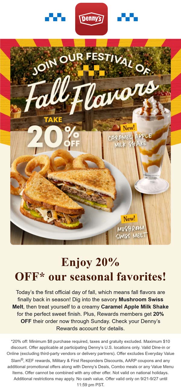 20% off via login at Dennys restaurants