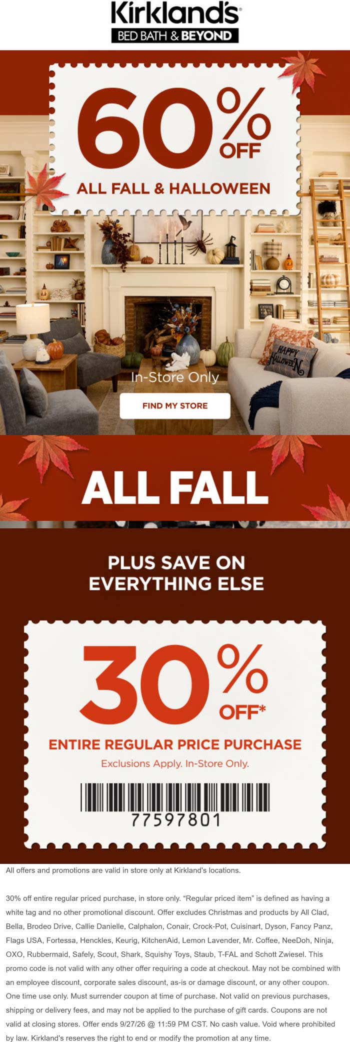 30% off regular items & 60% off fall at Kirklands