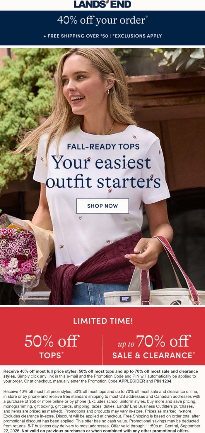 40% off today at Lands End via promo code APPLECIDER and PIN 1234