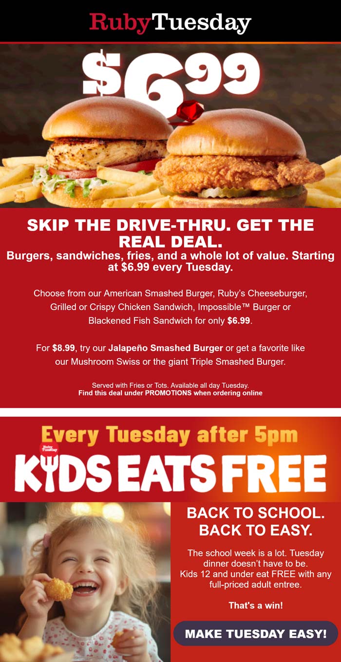 $7 cheeseburger or chicken sandwich + fries today at Ruby Tuesday