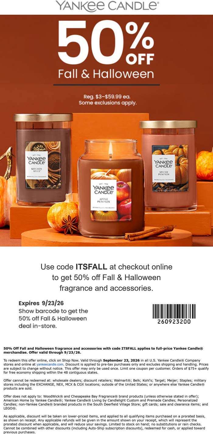 50% off fall & halloween at Yankee Candle, or online via promo code ITSFALL
