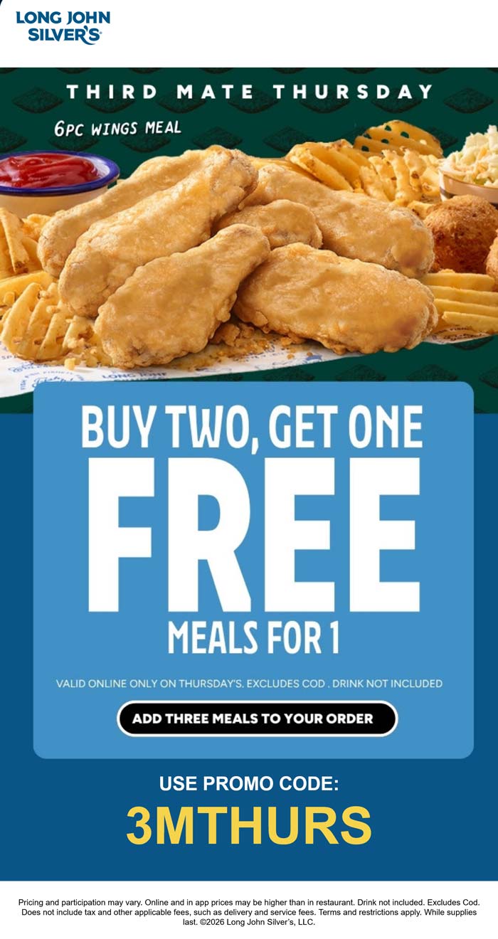 3rd meal free today at Long John Silvers via promo code 3MTHURS