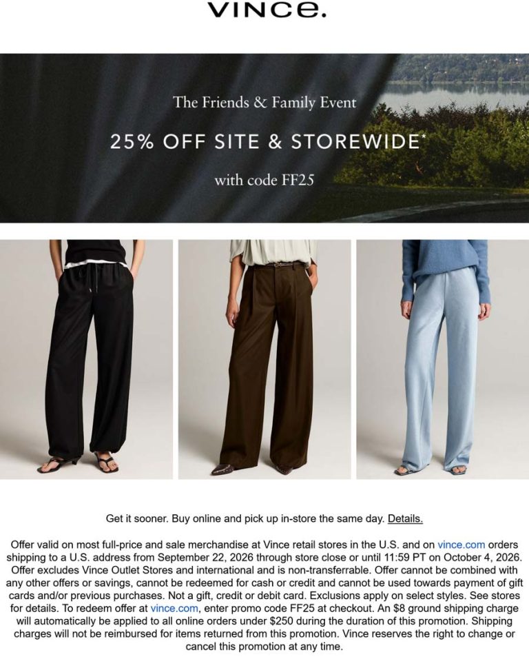 25% off everything at Vince, or online via promo code FF25