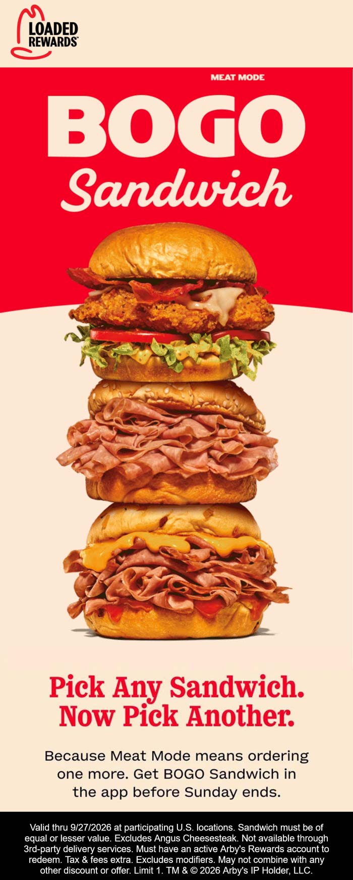 Second sandwich free today via login at Arbys