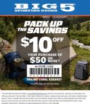 $10 off $50 today at Big 5 sporting goods, or online via promo code E260927 #big5 $10 off $50 today at Big 5 sporting goods, or online via promo code E260927 #big5
