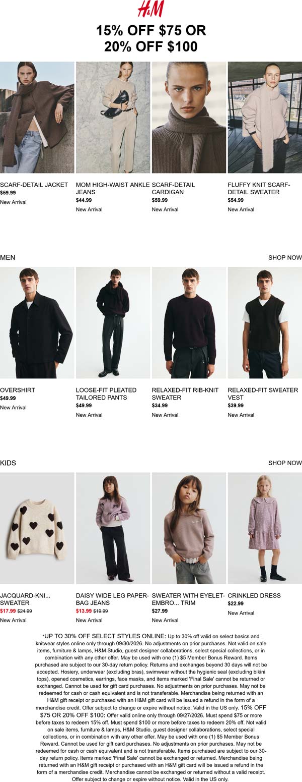 H&M coupon: 15-20% off $75+ today at H&M
