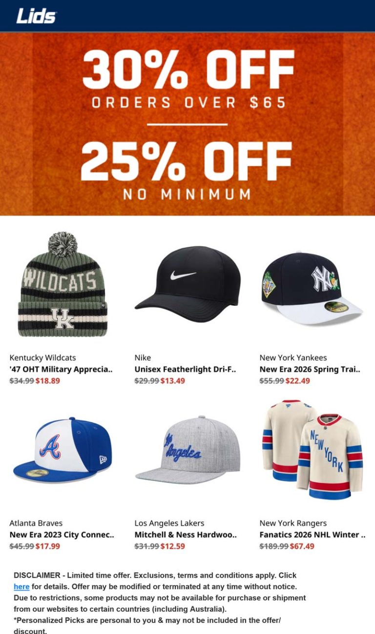 25-30% off today at Lids via promo code SAVENOW