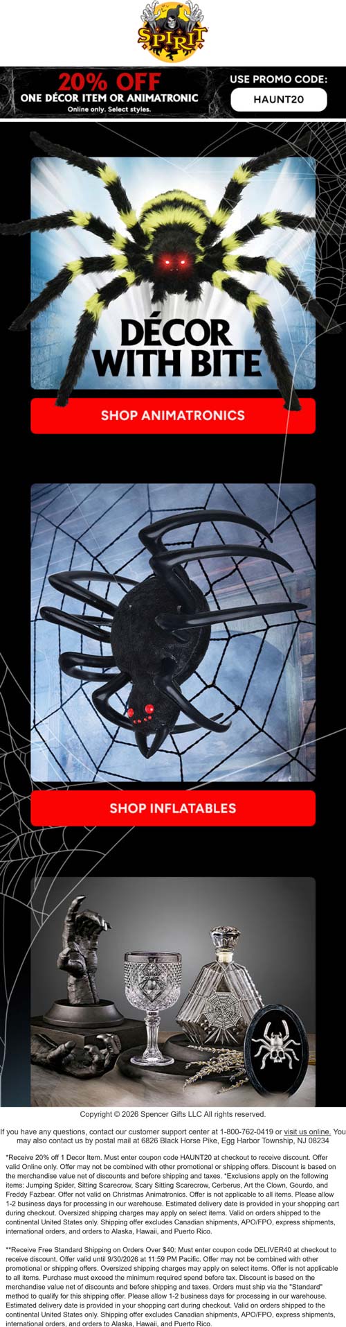 20% off a single animatronic or decor item at Spirit Halloween via promo code HAUNT20