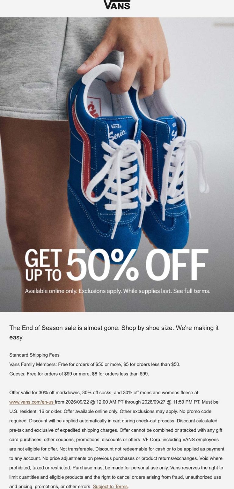 Extra 30-50% off sale seasonal styles online today at Vans