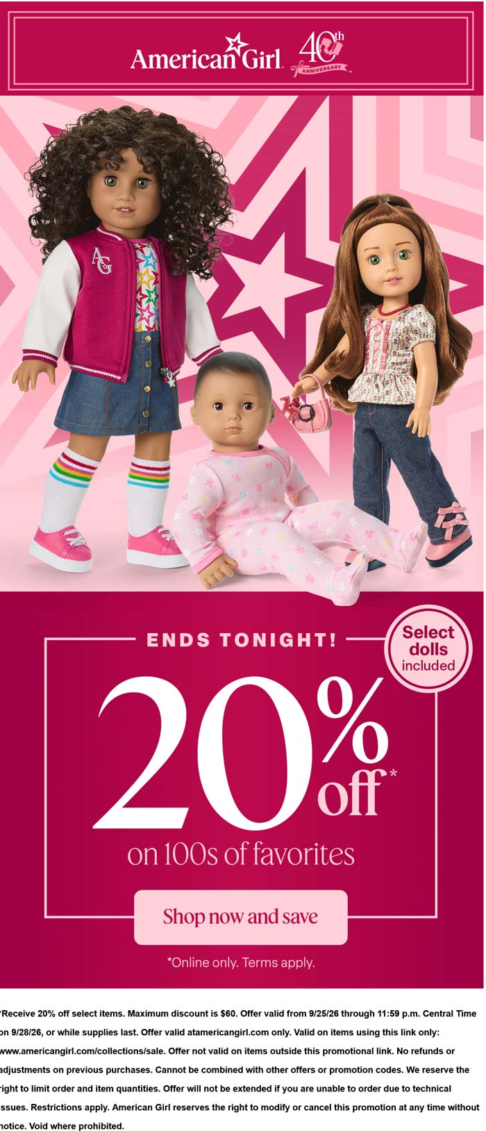 20% off today at American Girl doll