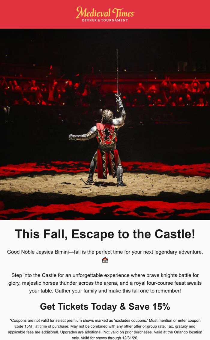 15% off at Medieval Times Dinner & Tournament via promo code 15MT