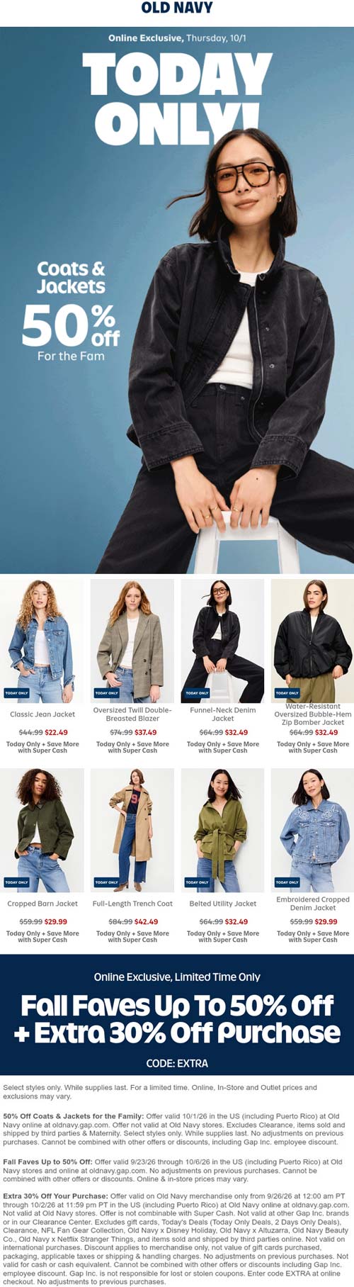 50% off coats & jackets online today at Old Navy