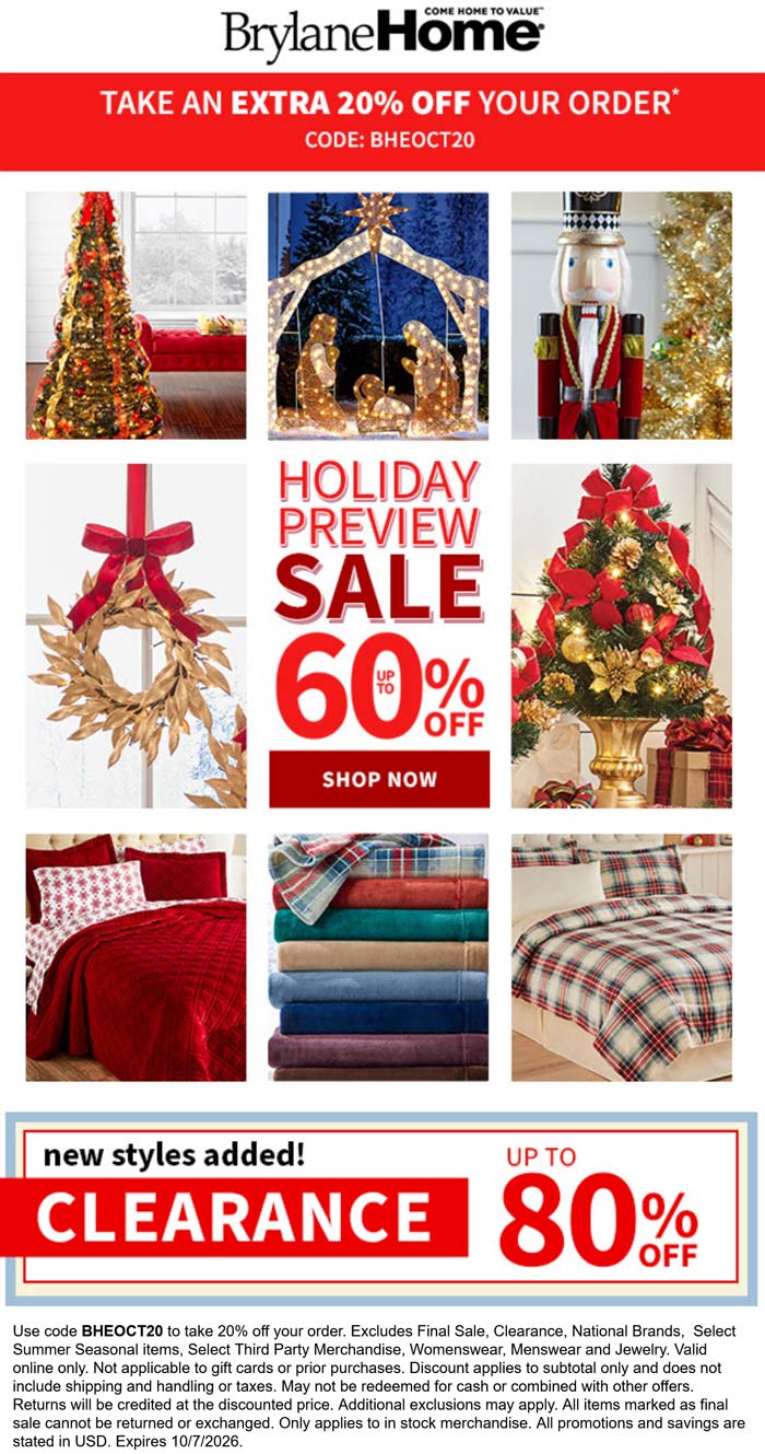 Extra 20% off at BrylaneHome via promo code BHEOCT20