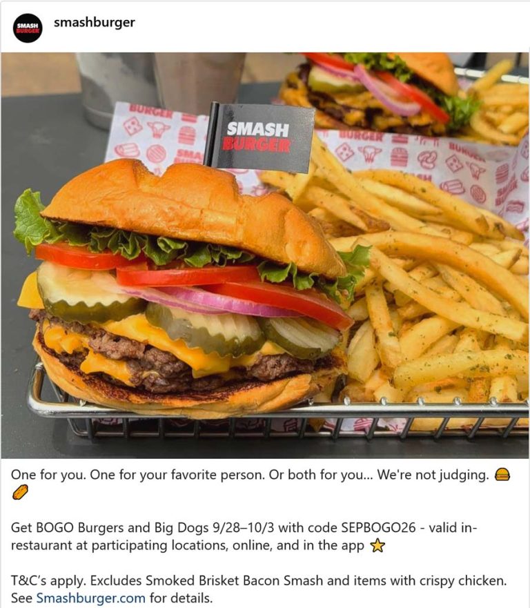Second cheeseburger free at Smashburger via promo code SEPBOGO26