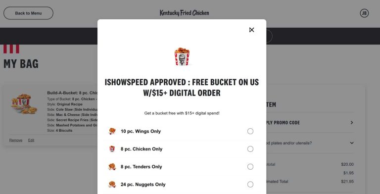 Free bucket of chicken on $15+ at KFC via promo code KFSPEED