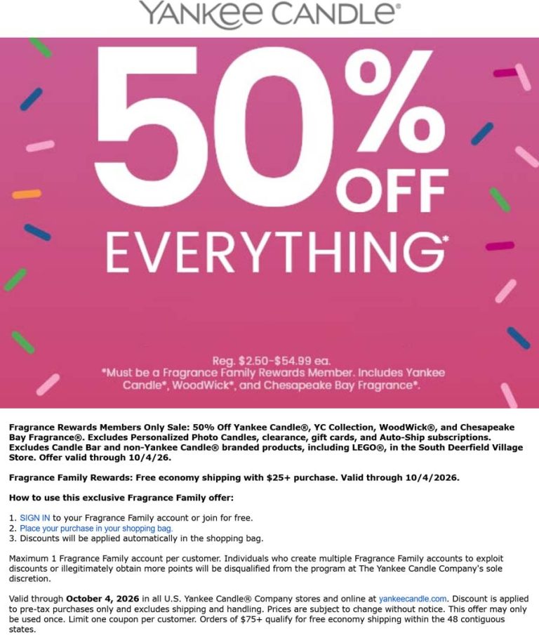 50% off everything online at Yankee Candle