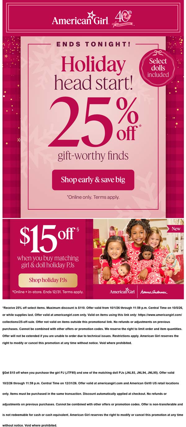 25% off & more online today at American Girl dolls