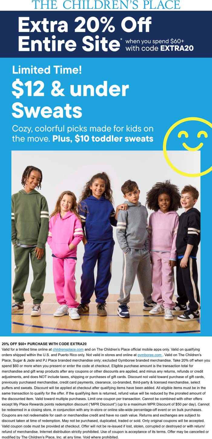 Extra 20% off $60+ on everything online at The Childrens Place via promo code EXTRA20