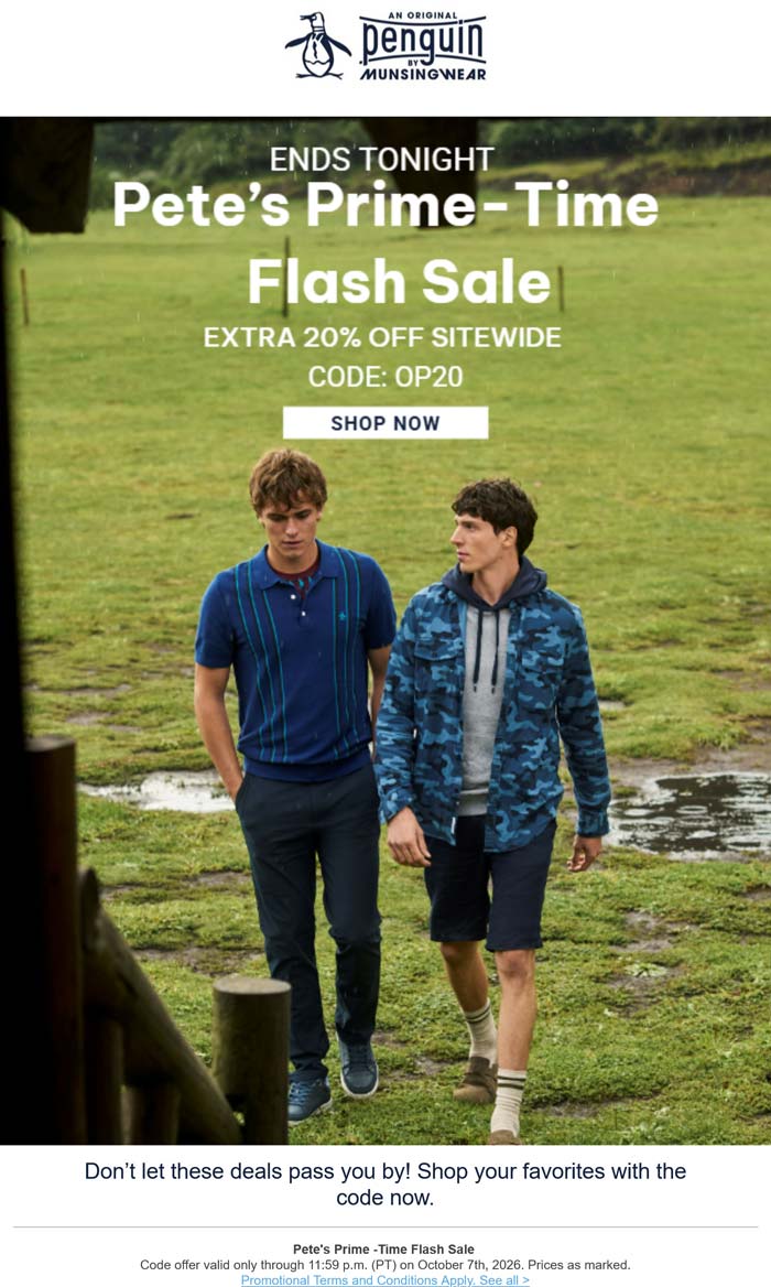 Extra 20% off everything online today at Original Penguin via promo code OP20