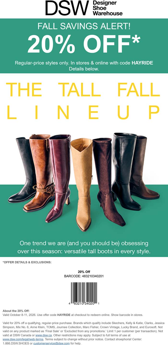 20% off at DSW, or online via promo code HAYRIDE