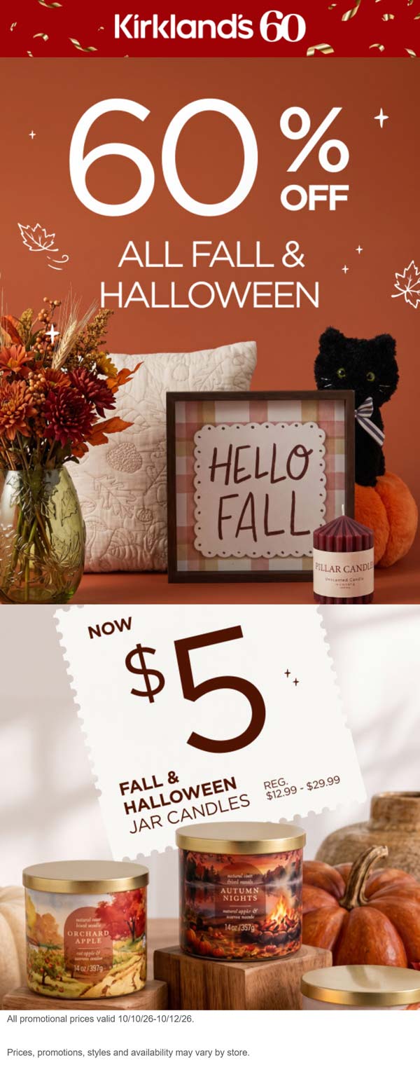 $5 candles + 60% off fall & halloween at Kirklands