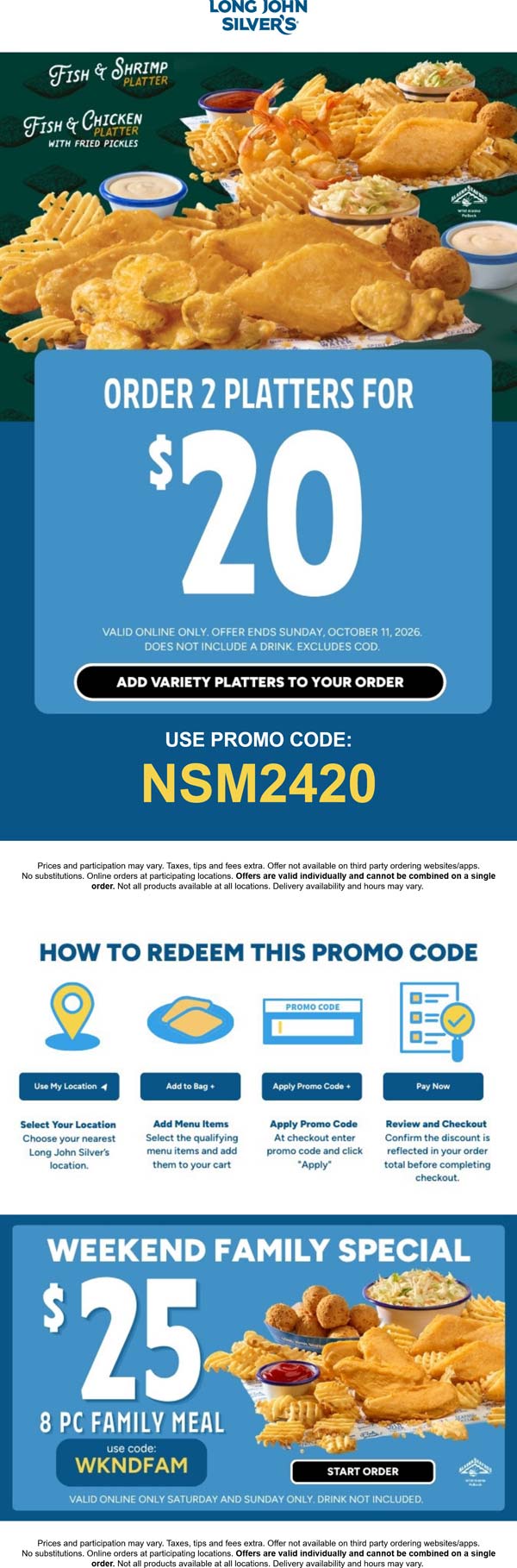 2 variety platters = $20 & more at Long John Silvers via promo code NSM2420