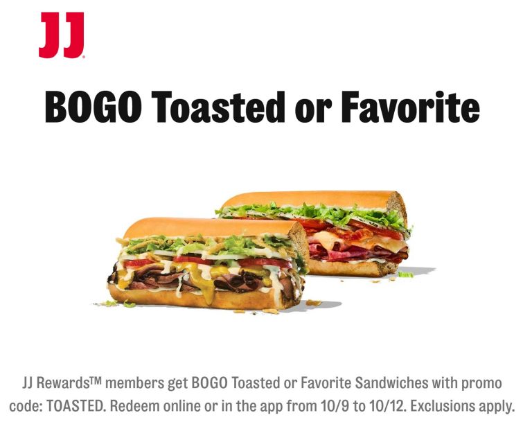 Second toasted sandwich free at Jimmy Johns via promo code TOASTED