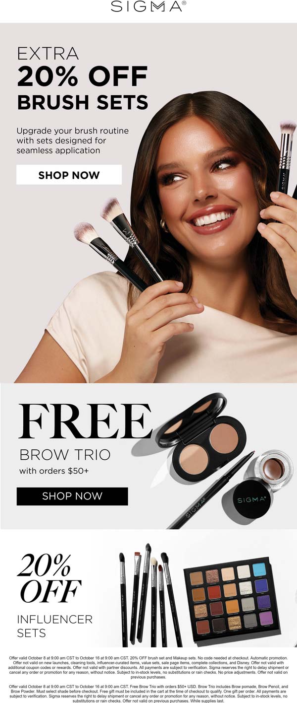 Extra 20% off sets & free brow trio on $50+ at Sigma