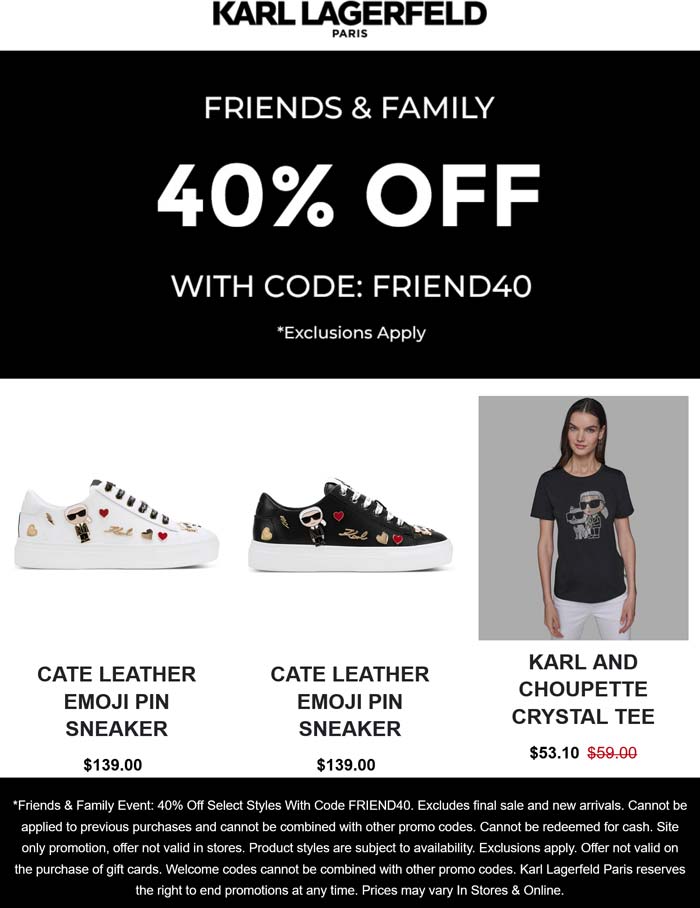 Extra 40% off at Karl Lagerfeld via promo code FRIEND40