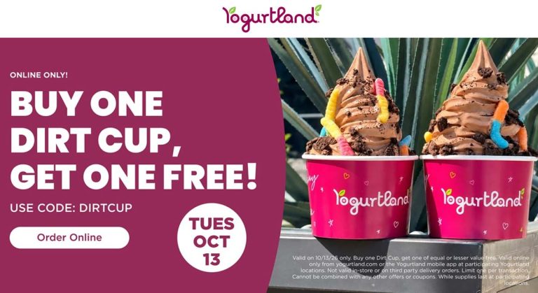 Second dirt cup frozen yogurt free Tues at Yogurtland via promo code DIRTCUP
