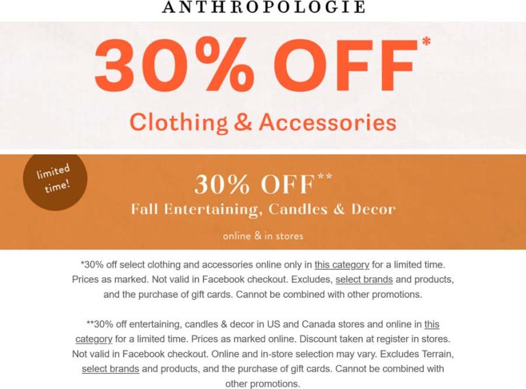 30% off at Anthropologie, ditto online