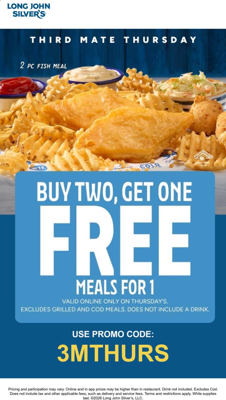 Third meal free today at Long John Silvers via promo code 3MTHURS