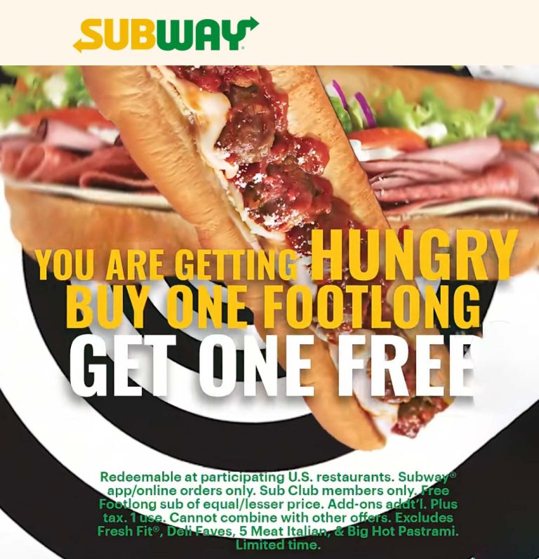 Second footlong sandwich free via login at Subway
