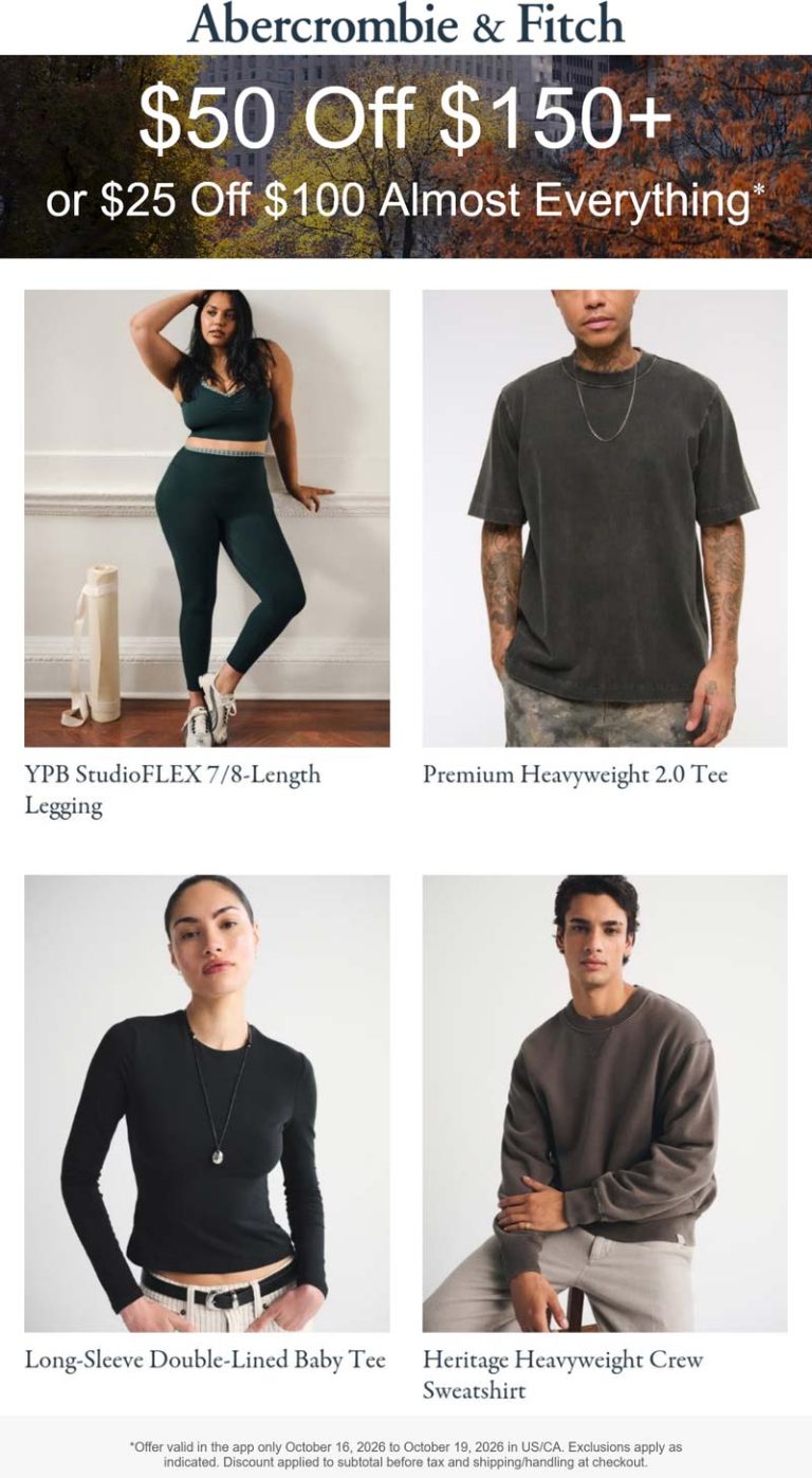 Abercrombie & Fitch coupon: $25-$50 off $100+ today at Abercrombie & Fitch