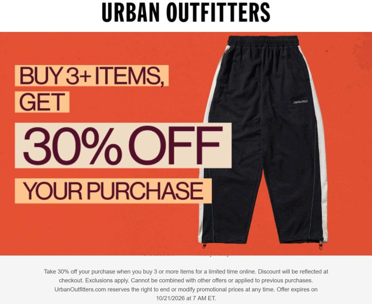 30% off 3+ items today at Urban Outfitters