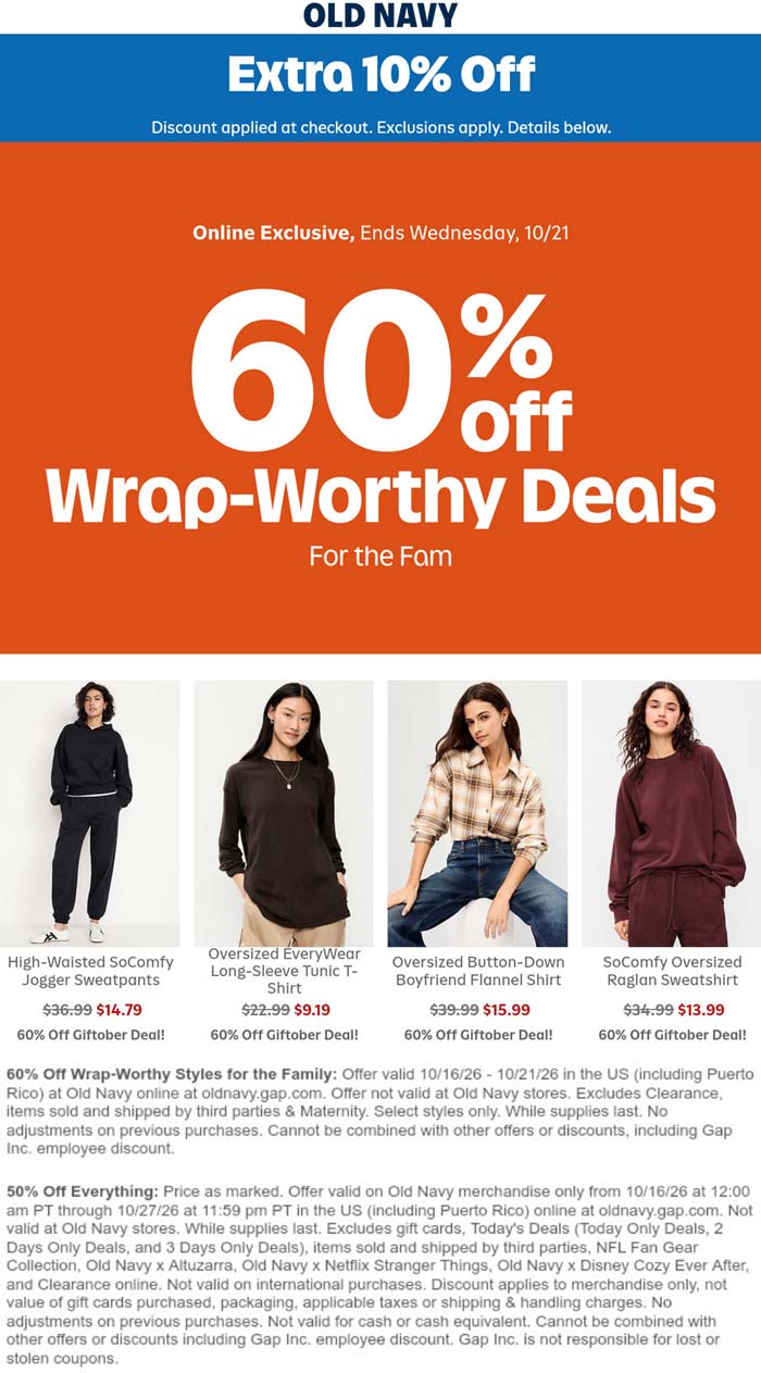 50-60% off everything at Old Navy