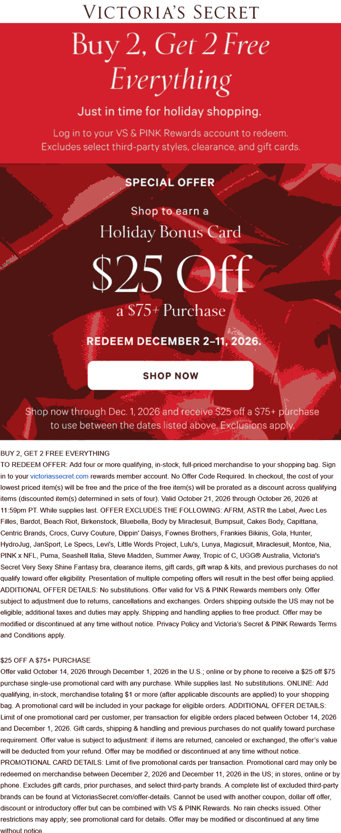 4-for-2 on everything online at Victorias Secret