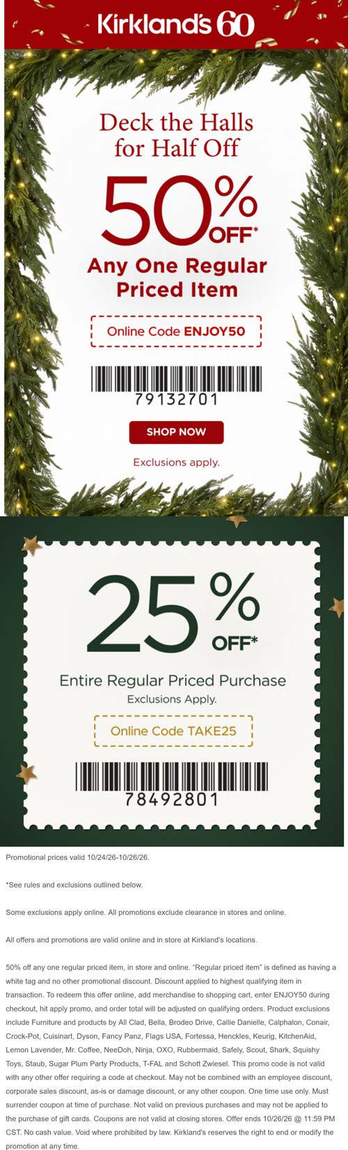 25-50% off at Kirklands, or online via promo code ENJOY50