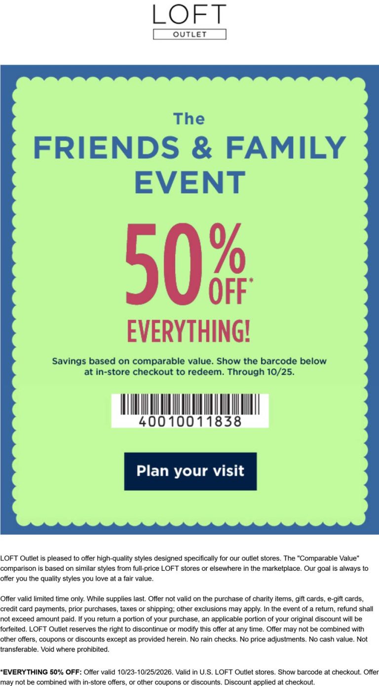 50% off everything at LOFT Outlet, ditto online