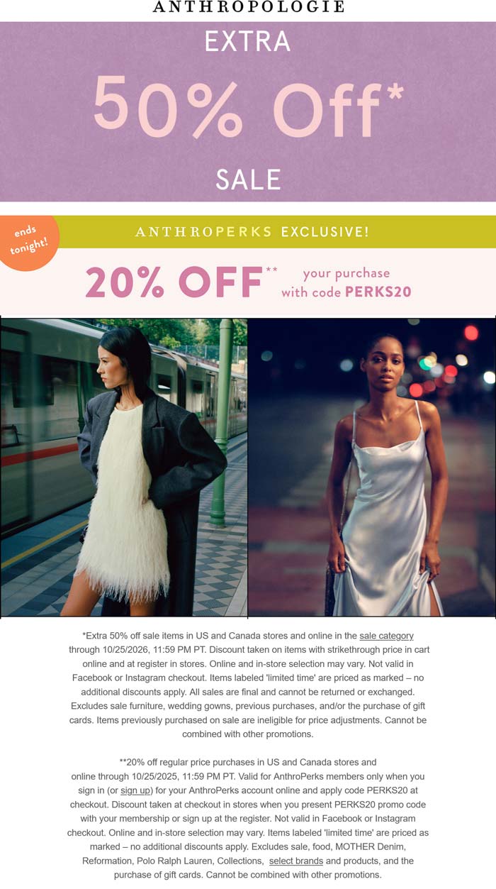 Extra 50% off sale items today at Anthropologie, ditto online