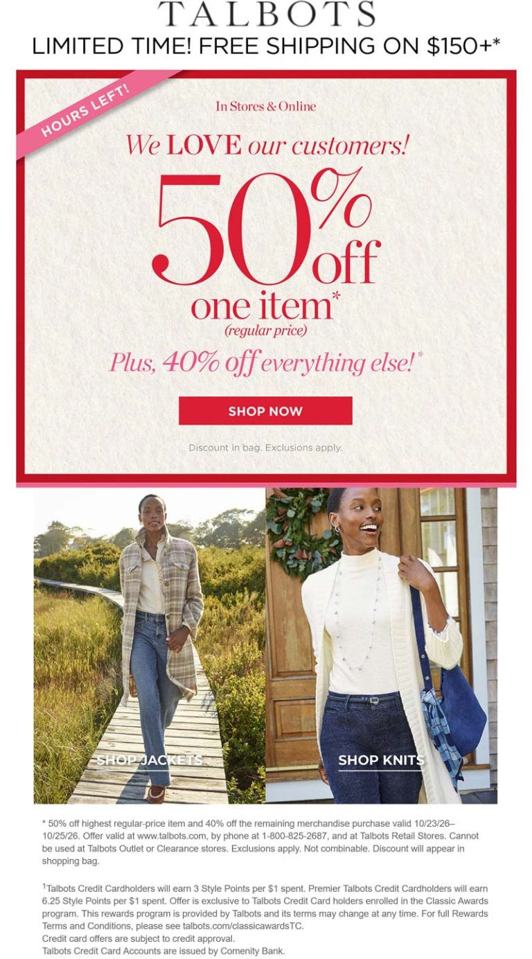 50% off a single item today at Talbots, ditto online