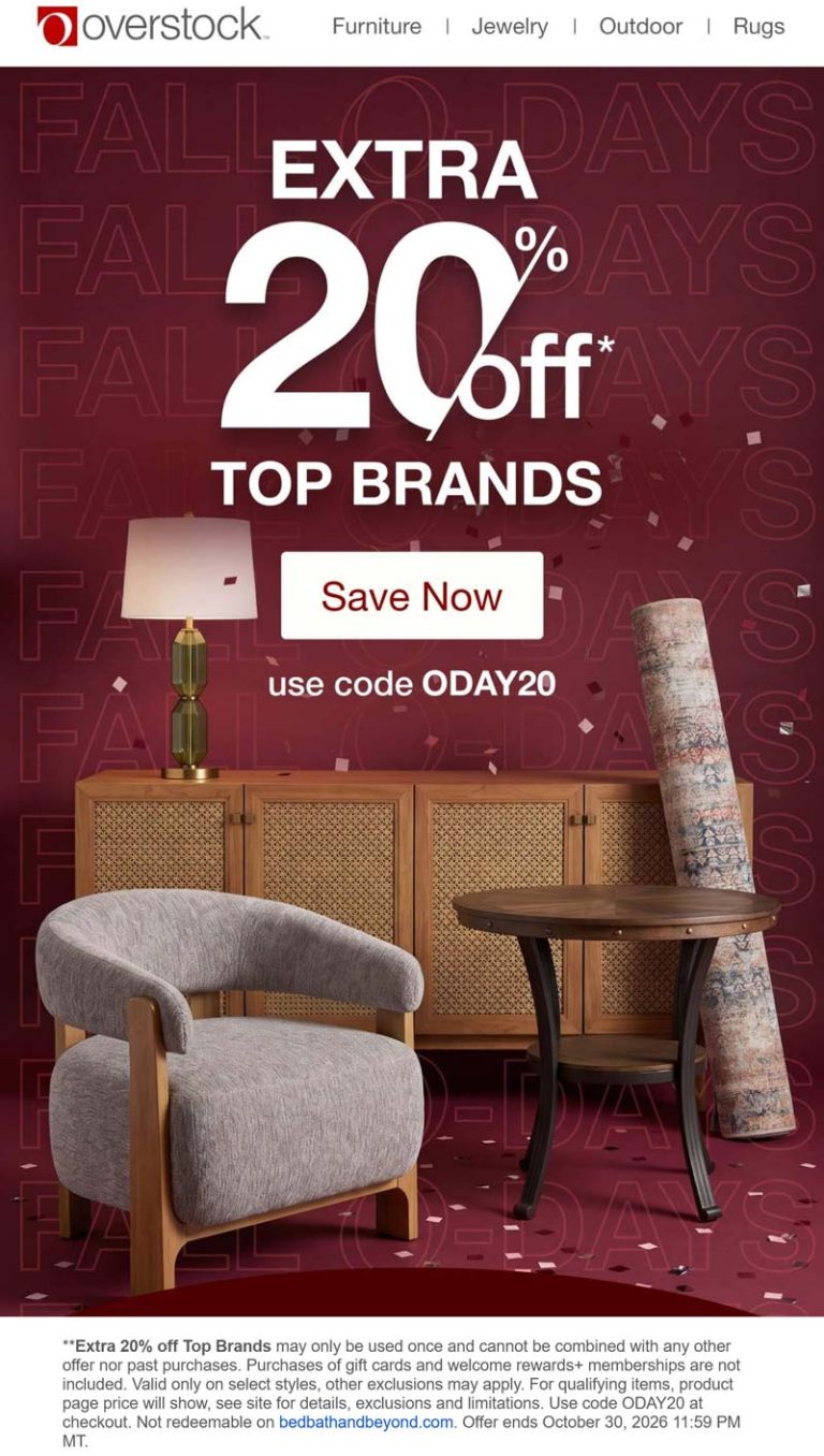 Extra 20% off at Overstock via promo code ODAY20