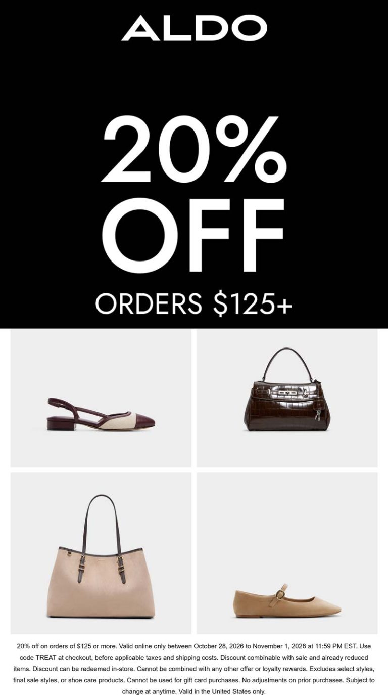 20% off $125+ at Aldo shoes via promo code TREAT