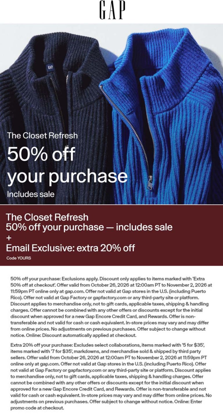 50-70% off at Gap via promo code YOURS