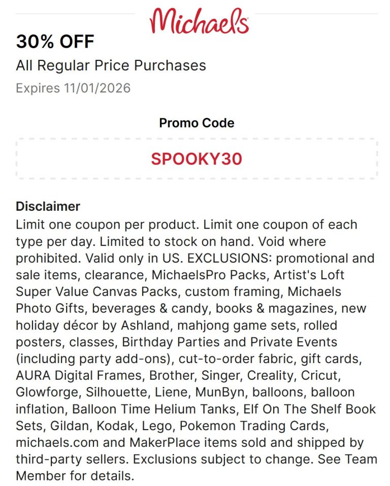30% off online at Michaels via promo code SPOOKY30