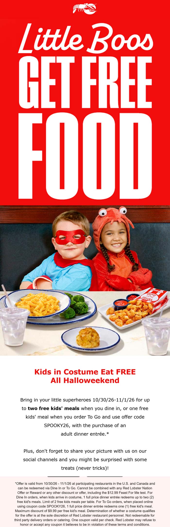 2 free kids meals with your entree this weekend at Red Lobster via promo code SPOOKY26